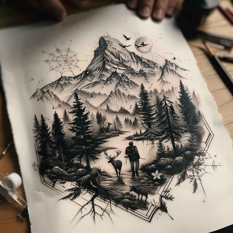 natural-landscape-tattoo – tattoo design ideas free ai generated – neotraditional-clear-lines – for-back-shoulder – Gallery: nature-inkby-ai