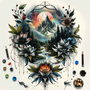 natural-scenery-tattoo – tattoo design ideas free ai generated – realism-moist-gloss – for-lower-leg – Gallery: nature-inkby-ai