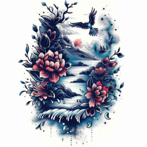 natural-scenery-tattoo – tattoo design ideas free ai generated – surrealism-distorted-perspective – for-back-shoulder – Gallery: nature-inkby-ai