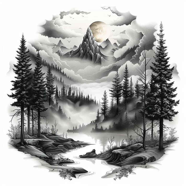 river-tattoo – tattoo design ideas free ai generated – realism-emotional-depth – for-upper-back – Gallery: nature-inkby-ai