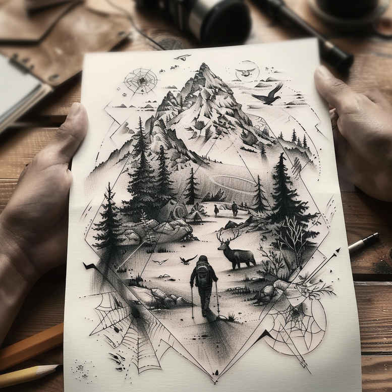 river-tattoo – tattoo design ideas free ai generated – surrealism-shifting-shapes – for-full-back – Gallery: nature-inkby-ai