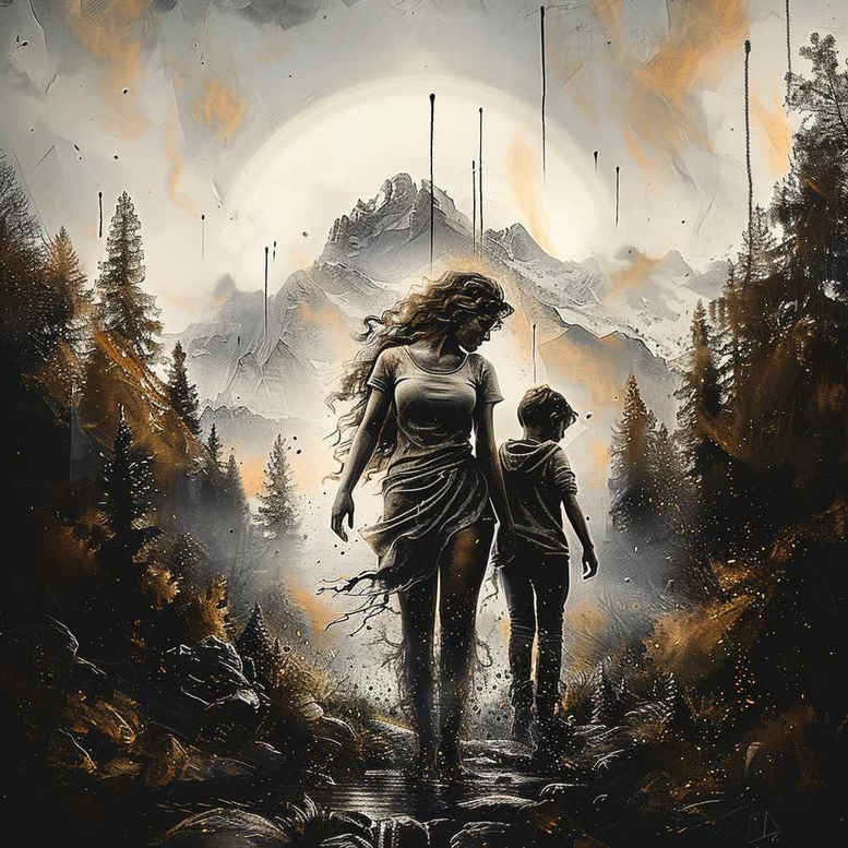 Two silhouetted figures in a dark forest with mist and distant mountains under a moon, black and grey with orange glow; cover-up-ready tattoo design concept.