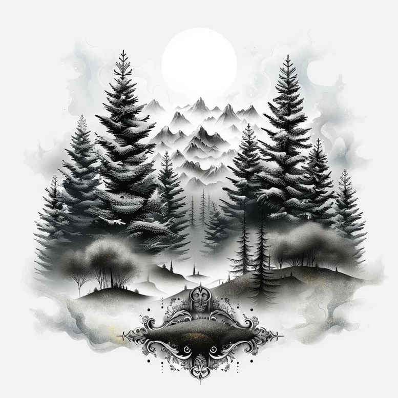 Black and grey forest landscape featuring trees, mountains, a lake, an island, and a moon; AI-generated tattoo project concept, suitable for a cover-up.