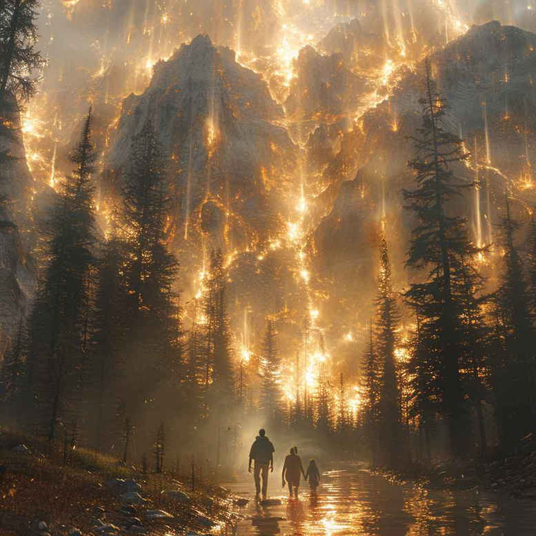 Forest scene with two hikers along a misty path, bathed in golden sunbeams; color image; tattoo design concept; suitable for cover-up.