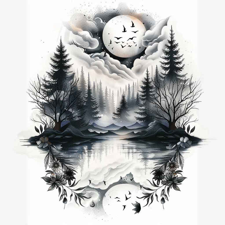 Moon, mountains, pine trees, and lake in black and grey; tattoo project idea; ideal for cover-up.