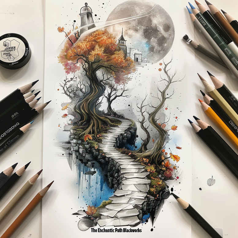 Moonlit tree and spiraling staircase in black and grey with orange leaves on a watercolor background; concept tattoo project.