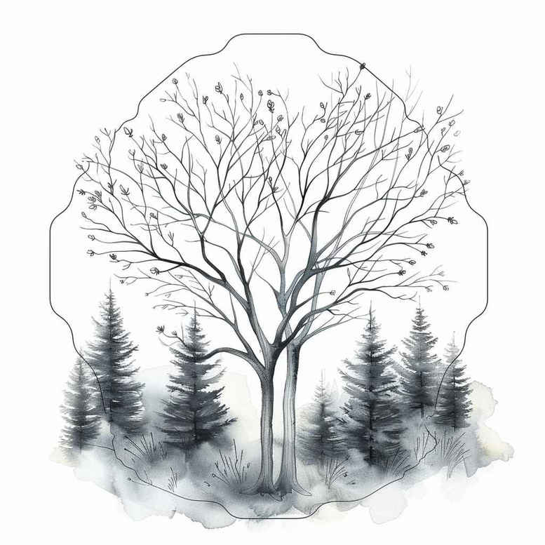 Central black and grey tree silhouette with pine forest and mist, concept tattoo design for cover-up.