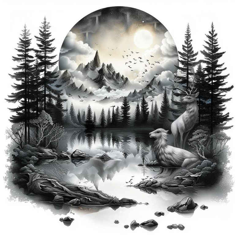 Moonlit forest scene in black and grey featuring mountains, pine trees, a wolf, and a creek; a tattoo design concept, ideal for a cover-up.