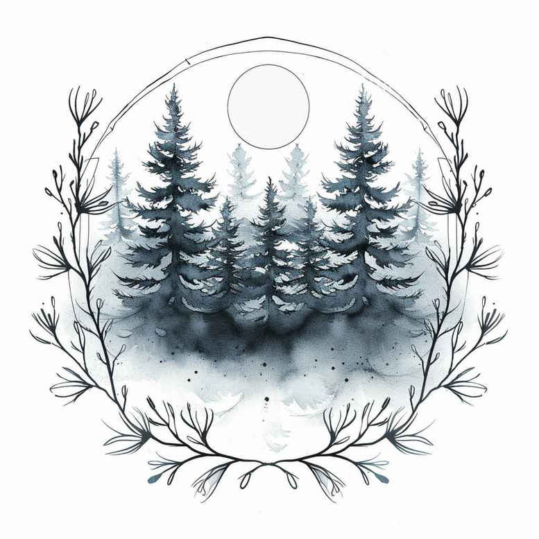 Circle frame enclosing a pine forest and a moon, rendered in black and grey; AI-generated tattoo project idea, suitable for a cover-up.