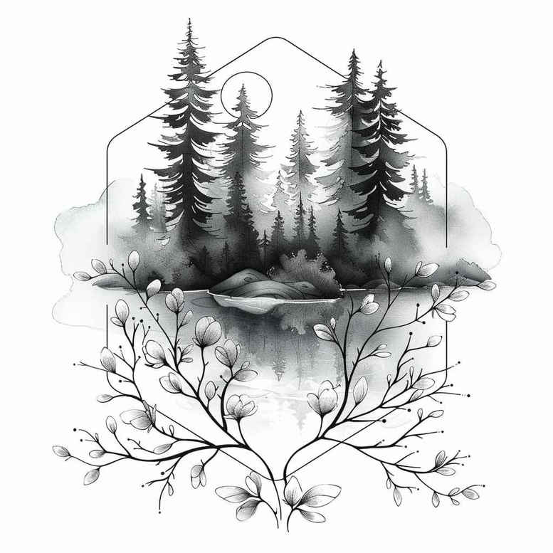 Forest pine tree scene with mountain backdrop, mist, and roots in black and grey; tattoo project idea, suitable for cover-up.