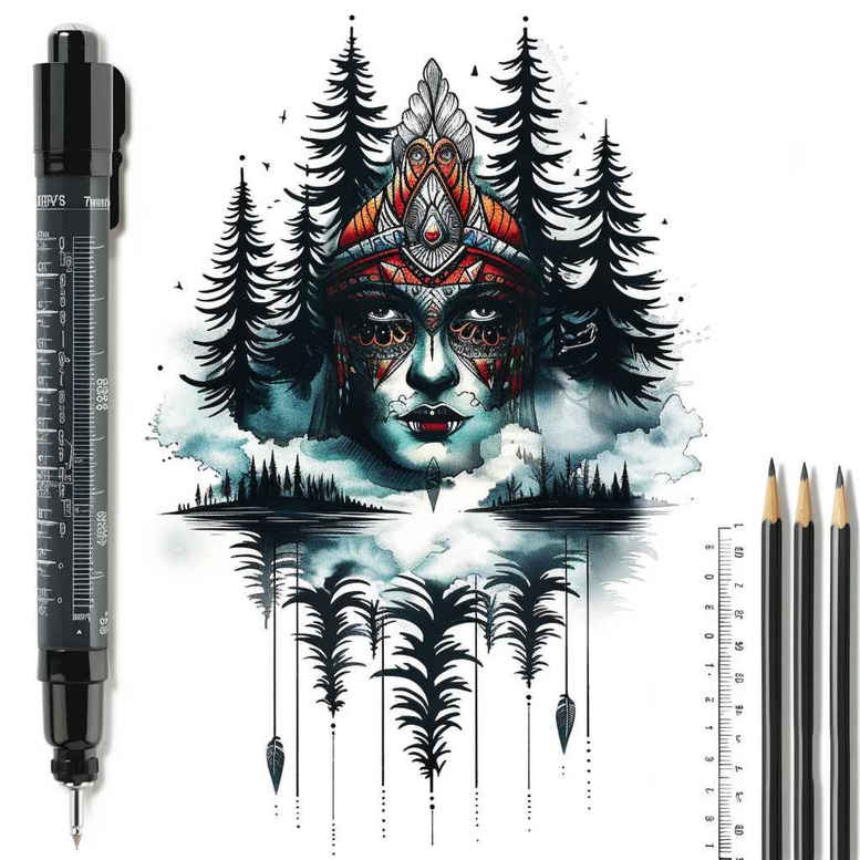 Wolf head surrounded by pine trees and water reflection in black and grey; marker and ruler for scale; AI-generated cover-up tattoo project.