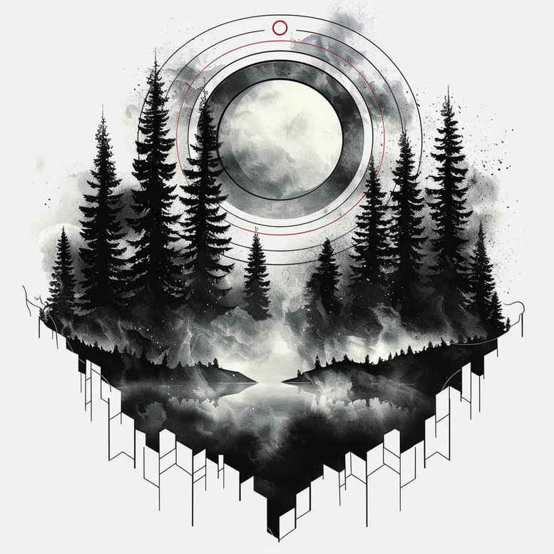 Moon and forest silhouette with mountains and water in black and grey, AI-generated tattoo project idea; cover-up ready with geometric triangle pattern.