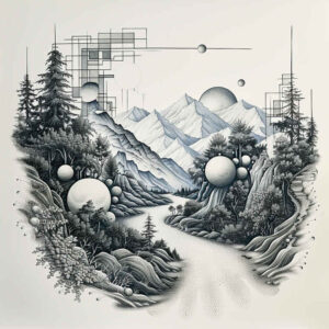 Black and grey landscape tattoo featuring mountains, trees, a river, an orb, and a geometric grid; cover-up project, AI-generated tattoo concept.