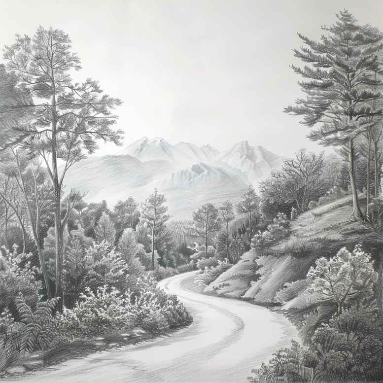 Road, trees, mountain, bush, rock, sky, and cloud visible in black and grey; AI-generated tattoo design concept, suitable for a cover-up.