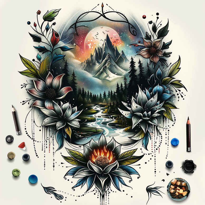 Colorful circle frame with a mountain landscape and blooming lotus, surrounded by leaves and flowers; color tattoo design; project; cover-up: no.