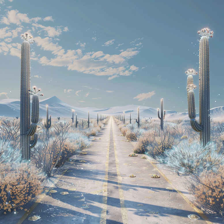 Road, snow, cactus, sky, mountains, and pole lines in a snowy desert scene; black and grey image; AI-generated tattoo project; suitable for cover-up.