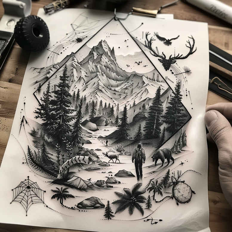 Black and grey landscape tattoo design idea featuring mountains, pine trees, a deer by a lake, and a spider web accent; project; cover-up not ideal.