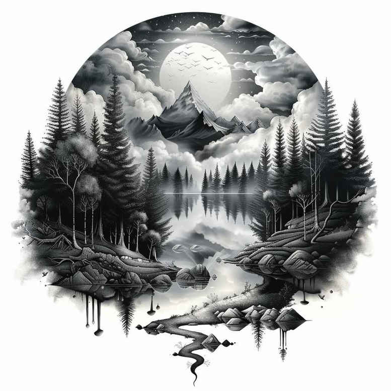 Moonlit mountain scene in black and grey with pine tree, waterfall, lake and river; project idea; suitable for cover-up.