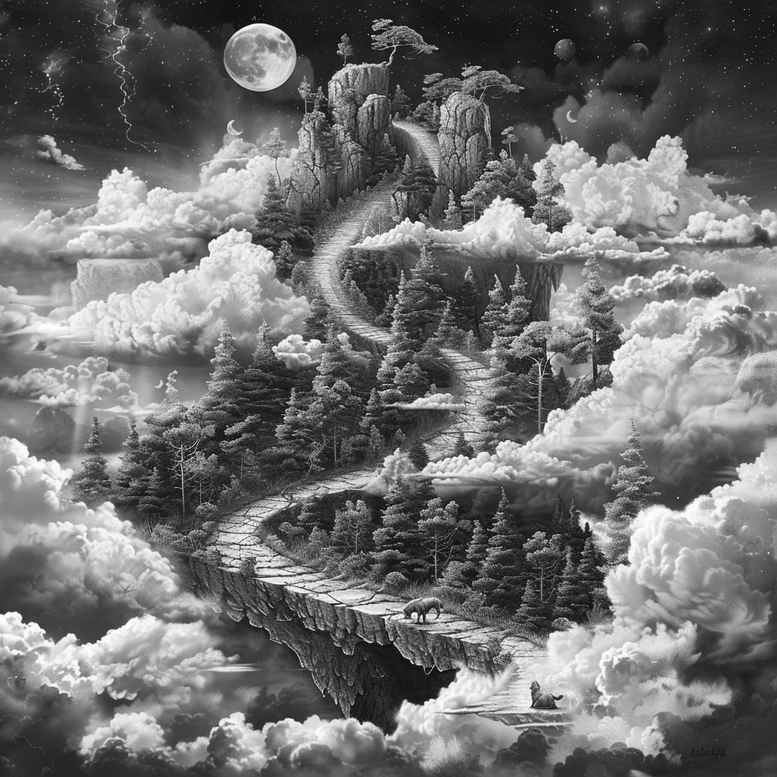 Staircase, clouds, and moon in black and grey; AI-generated tattoo project, cover-up ready.