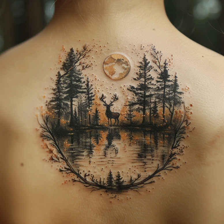 Black and grey forest lake moon scene with a deer and trees in a circular frame; tattoo design concept, suitable for cover-up.