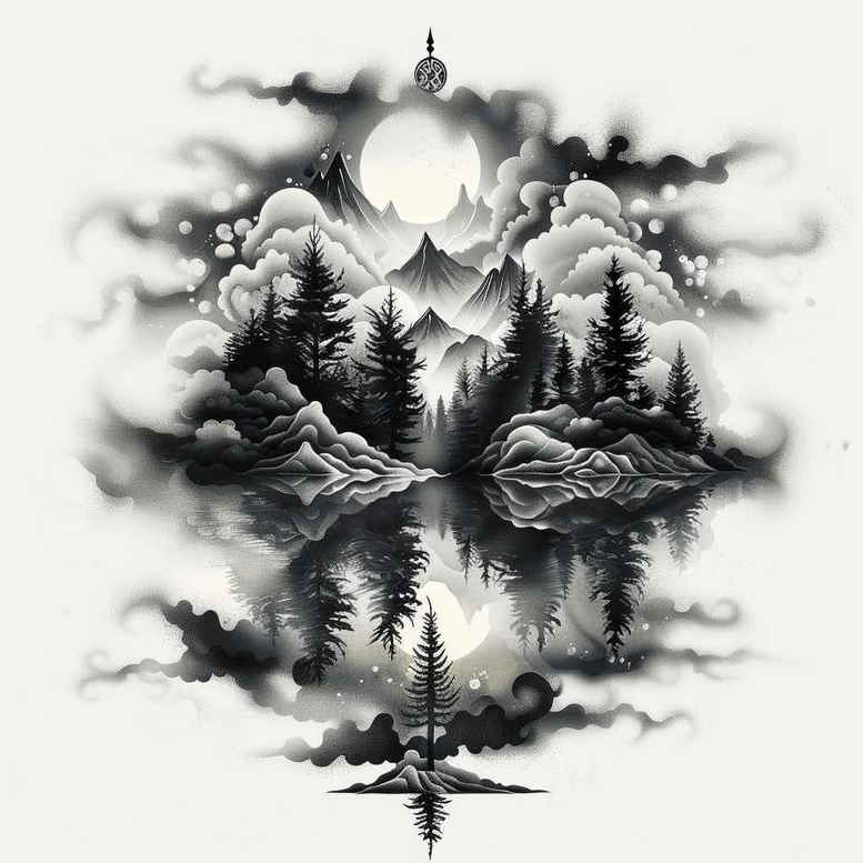 Black and grey tattoo design featuring mountains, trees, lake, moon, clouds, and fog inside a circle; cover-up-ready project.