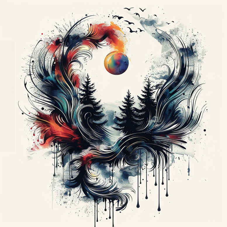 Circle motif with black and grey trees and feathers, ink drips in a watercolor style; AI-generated tattoo project; cover-up ready; pattern.