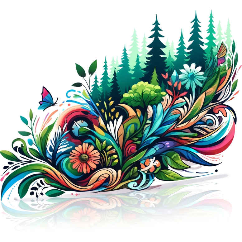 Colorful floral forest swirl featuring flower, leaves, forest silhouette, and flowing lines in blue, green, pink, and purple; AI-generated tattoo project idea; suitable for a cover-up.