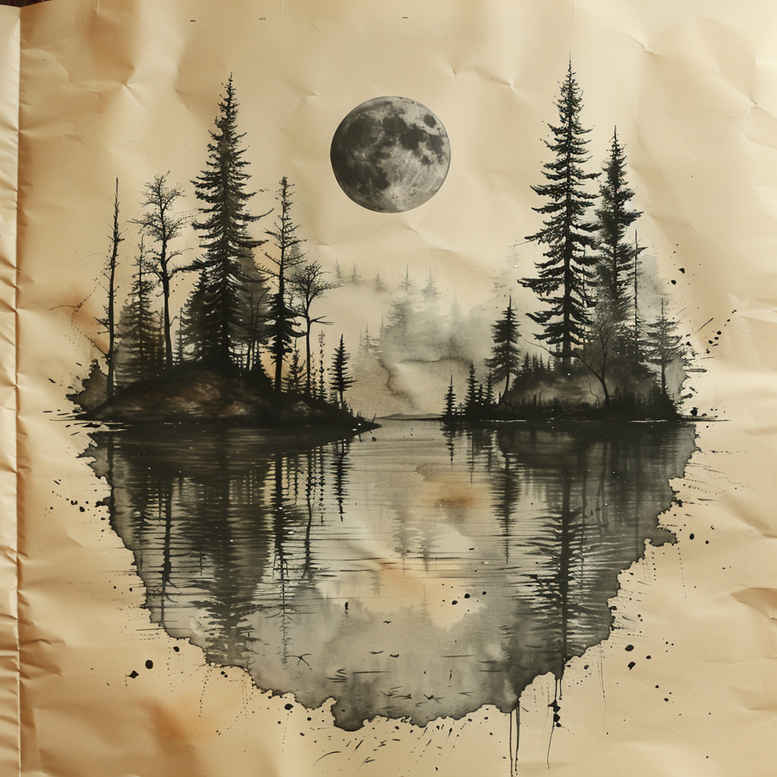 Forest, island, water, moon, sky; black and grey; project idea; suitable for cover-up.