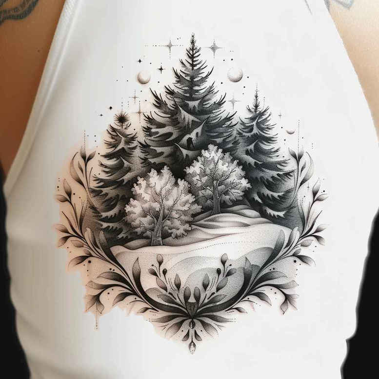 Forest circle tattoo design: black and grey tree silhouettes within a circular frame, snowy ground, and subtle stars; cover-up project.