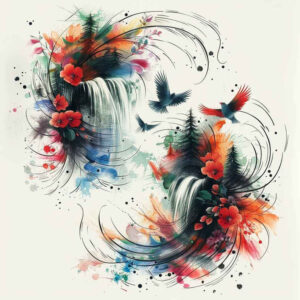 Flower, petals, swirl, splash in red, blue, orange on white; AI-generated tattoo project idea; suitable for cover-up.