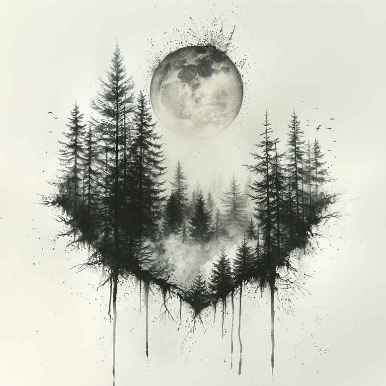 Moon and trees in black and grey, a tattoo design idea for a cover-up project.