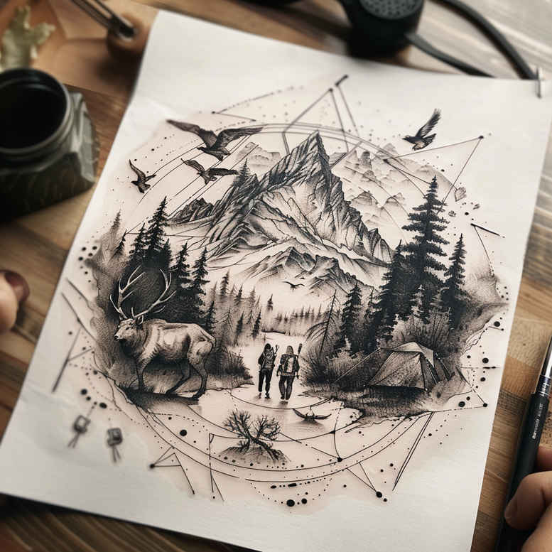 Black and grey pencil tattoo concept showing mountains, pine trees, a creature, travelers, birds in flight, and geometric framing; project idea; suitable for cover-up.