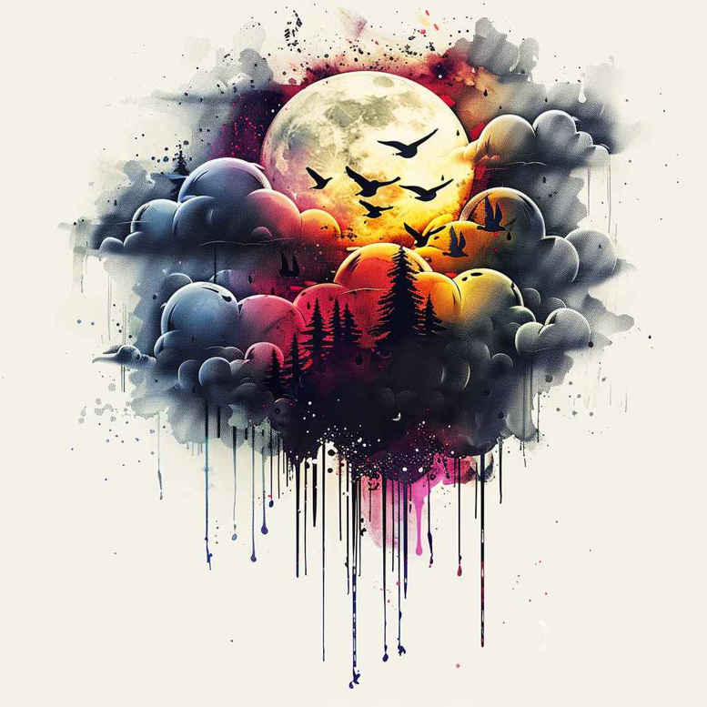 Moon, pumpkin, cloud, and drip in multicolor watercolor; AI-generated tattoo project, perfect cover-up.