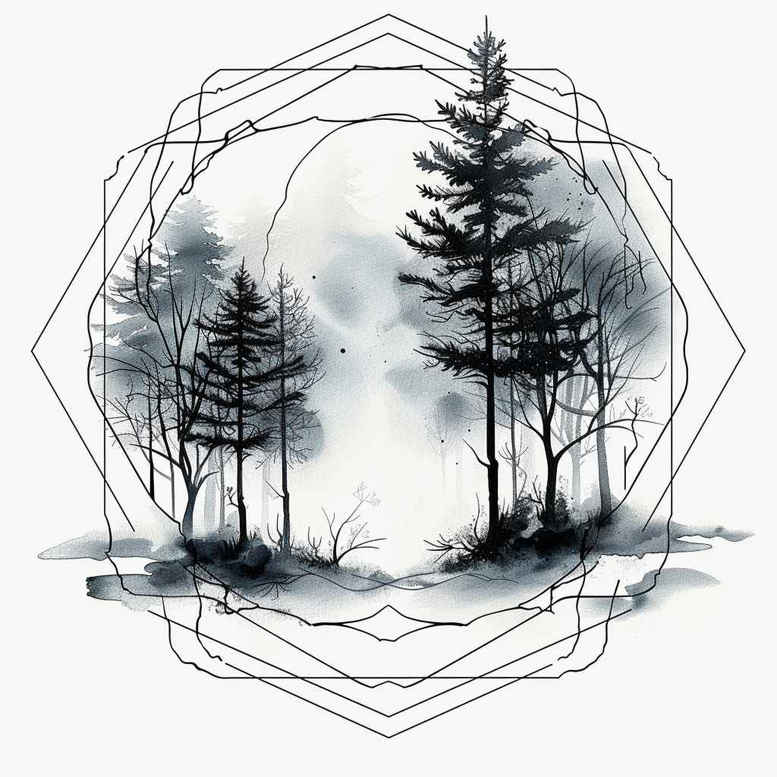 Pine tree, hexagon geometric patterns, and mist in black and grey; a tattoo design concept, project idea, suitable for cover-up.