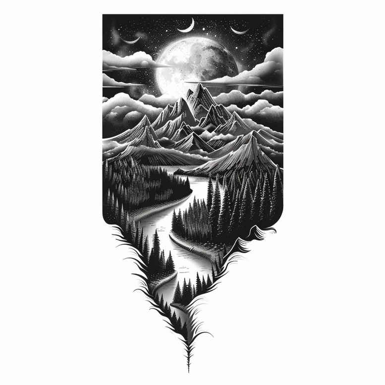 Moon, mountains, lake, hands, trees, water, and reflection in black and grey; project for cover-up.