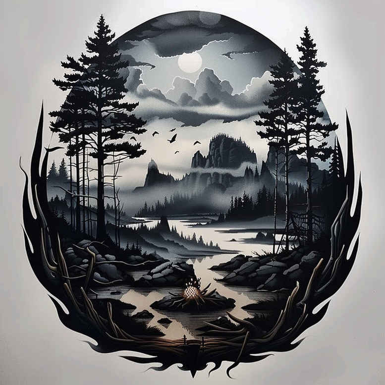 Circular black and grey landscape with mountains, a lake, pine trees, and mist; project idea, cover-up suitable.
