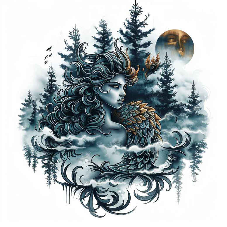 Woman portrait rises from a dark forest beneath a moon and drifting clouds in black and grey tones, a cover-up ready tattoo idea with intricate pattern work.