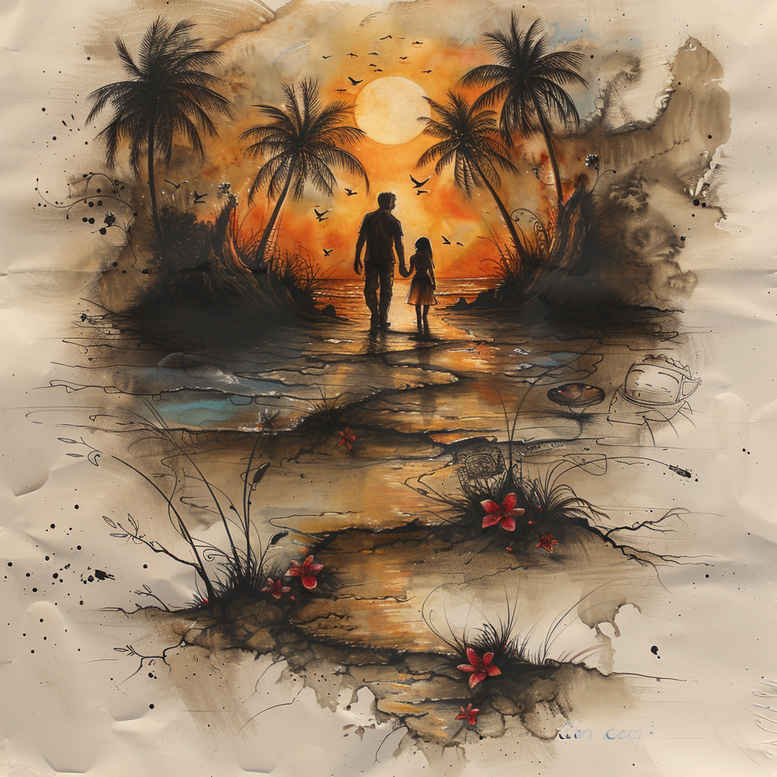 Couple silhouettes walking on a sunset beach with palm trees, orange sky, water reflections, and foreground flowers; color project idea, suitable for a cover-up.
