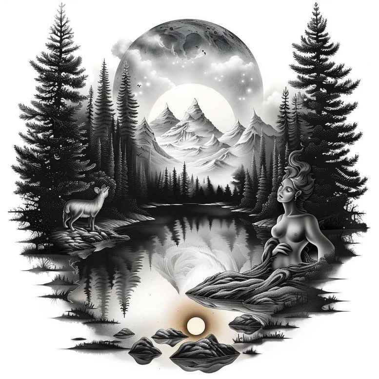 nature tattoo design ideas Surrealism hallucinogenic vibrant for spine