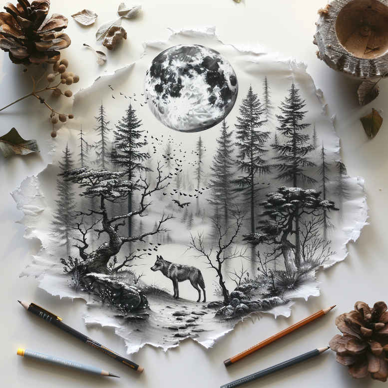 Forest moon scene in black and grey ink with deer, pine trees, and a moon. AI-generated tattoo project; cover-up-ready.