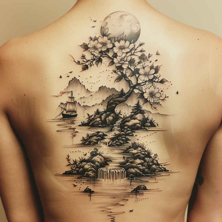 Moon, mountain, pine tree, pagoda, and lake in black and grey; tattoo project idea, cover-up ready.