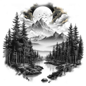 waterfall-tattoo – tattoo design ideas free ai generated – neotraditional-classic-motifs – for-full-back – Gallery: nature-inkby-ai