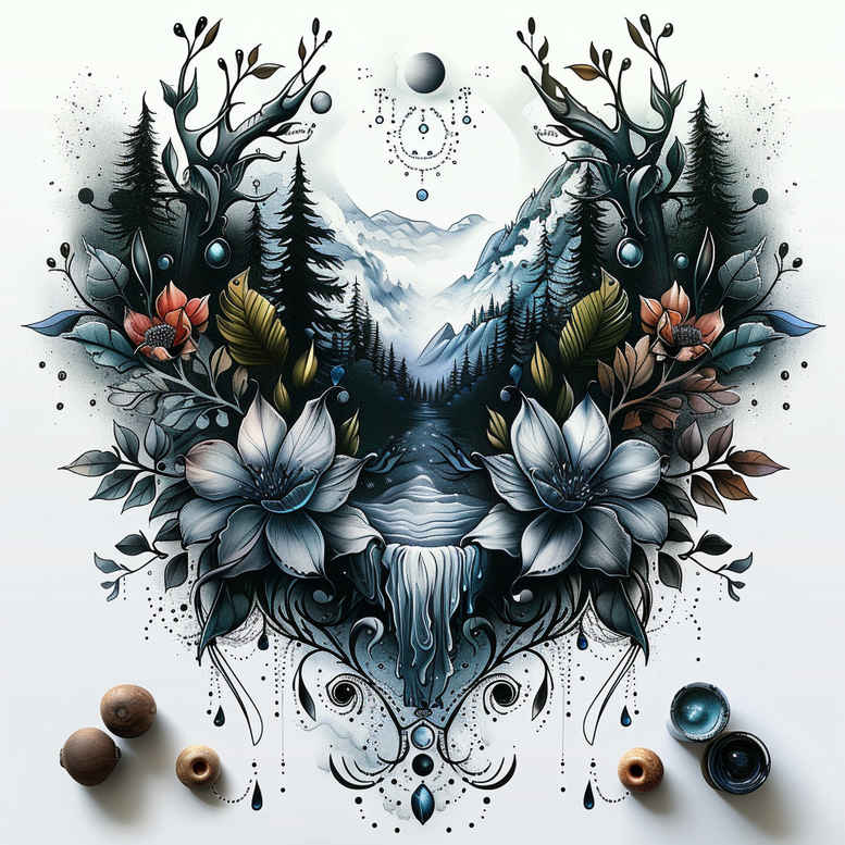 waterfall-tattoo – tattoo design ideas free ai generated – realism-real-shadows – for-scapula – Gallery: nature-inkby-ai