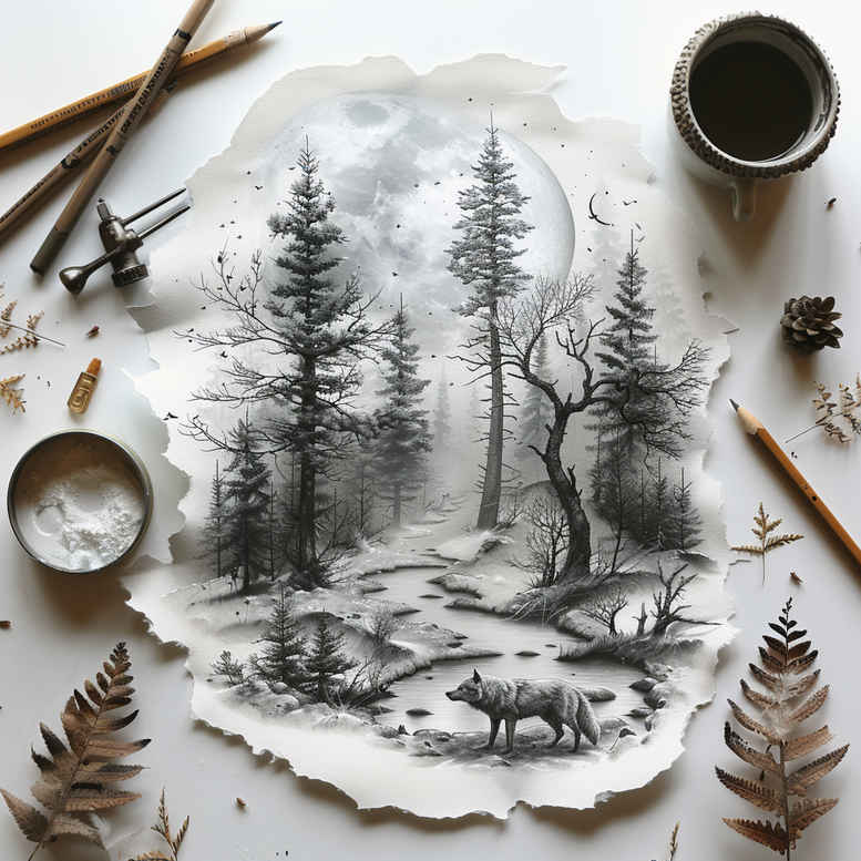 wilderness-tattoo – tattoo design ideas free ai generated – surrealism-visual-paradox – for-outer-arm – Gallery: nature-inkby-ai