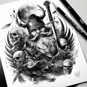 god-of-war – tattoo design ideas free ai generated – neotraditional-dynamic-composition – for-back-of-neck – Gallery: odin-inkby-ai