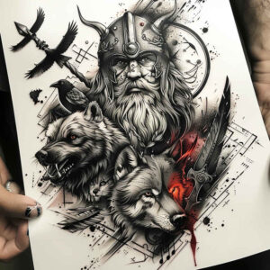 odin-symbol-of-battle – tattoo design ideas free ai generated – neotraditional-bold-color – for-lower-leg – Gallery: odin-inkby-ai