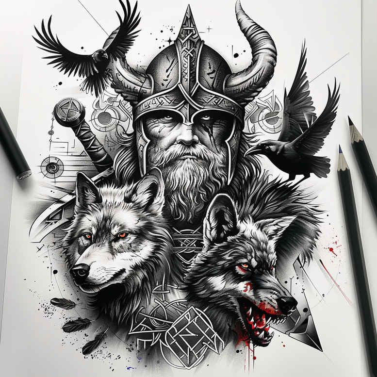 odin-with-magic-sword – tattoo design ideas free ai generated – surrealism-chromatic-aberration – for-collarbone – Gallery: odin-inkby-ai