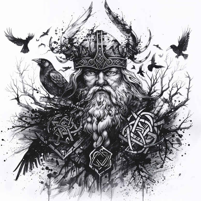 odin tattoo design ideas Surrealism chromatic aberration ravens symbolising courage