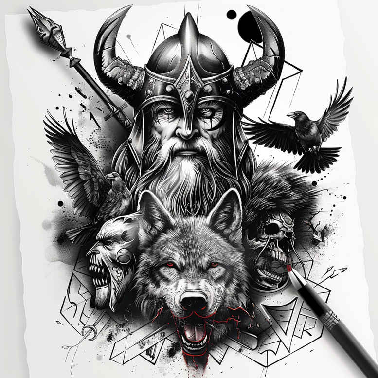 odin tattoo design ideas Realism detailed rendering shamanic for biceps