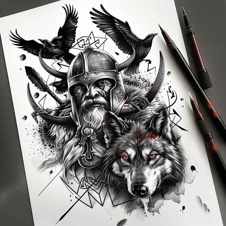 odin tattoo design ideas contrasting colors spear embodying resilience